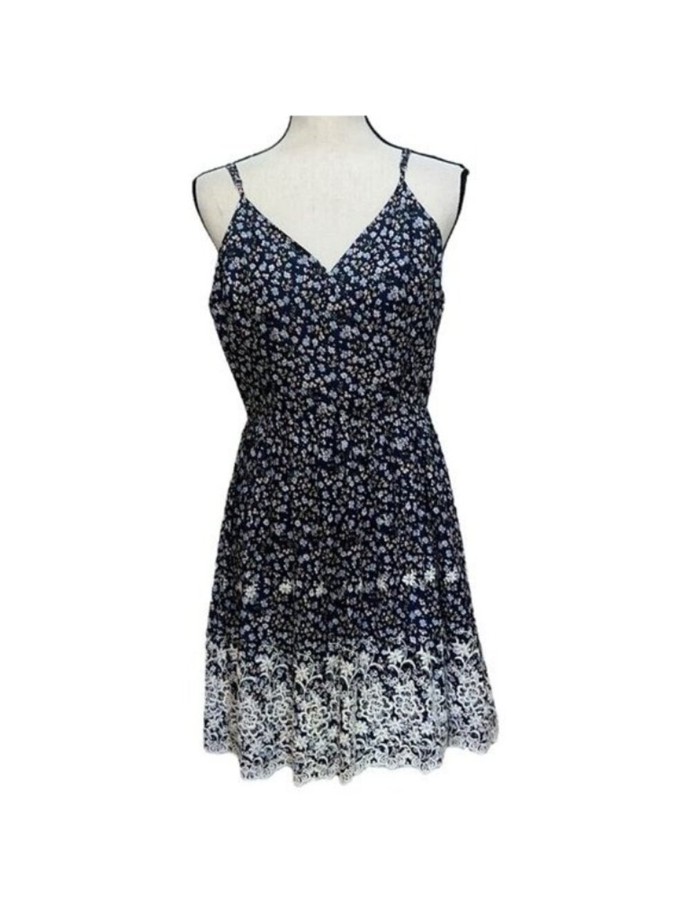 Altard State Dress Womens L Navy Floral Lace Hem Spaghetti Straps Mini